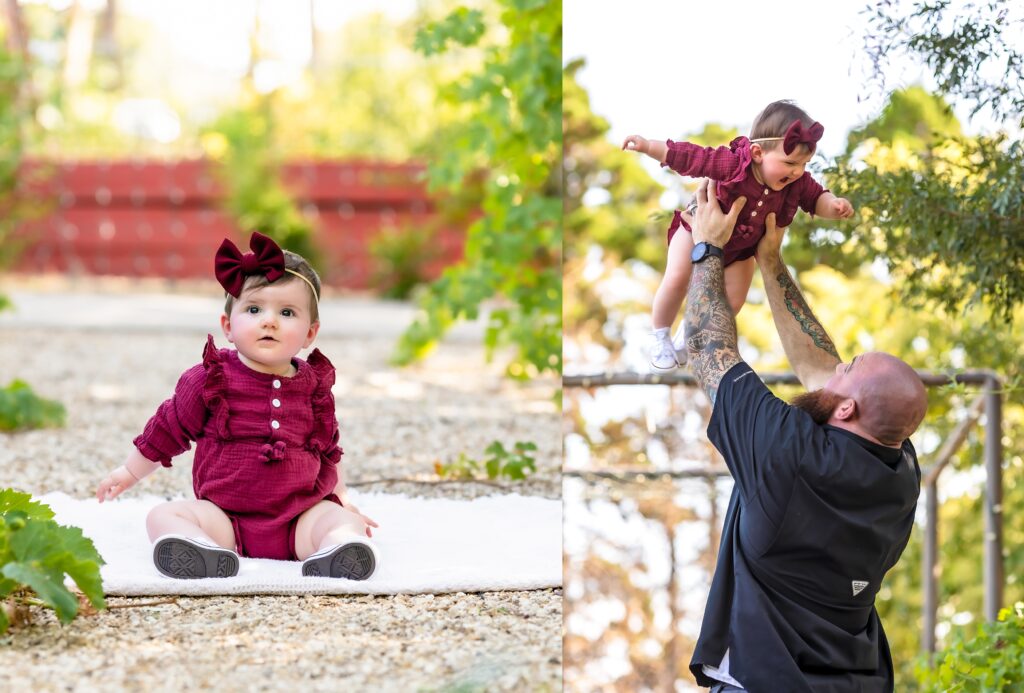 Tattooed dad with wife and baby in an outdoor summer photo session.  