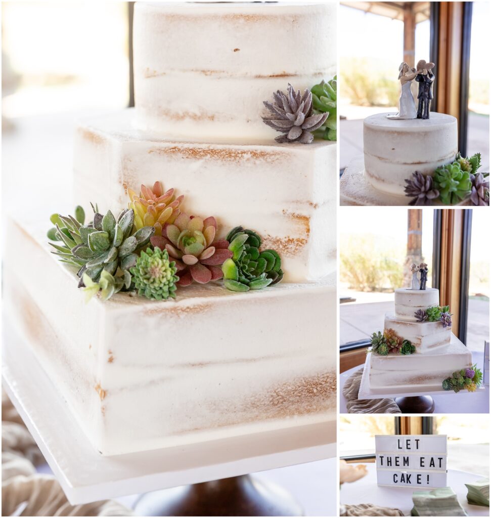 Wedding cake decorated with succulent florals in greens, purple and orange
