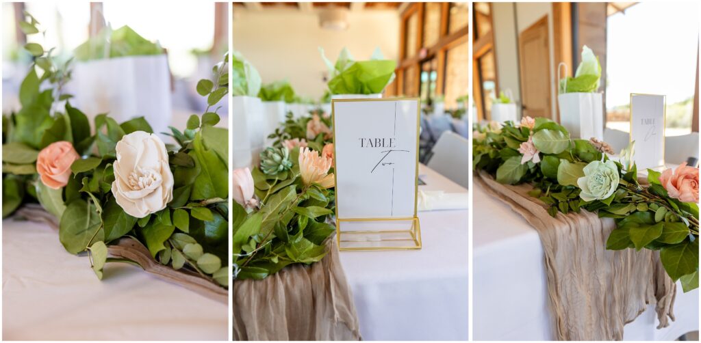 Detail shots of flowers with brown runners and table sign at wedding reception