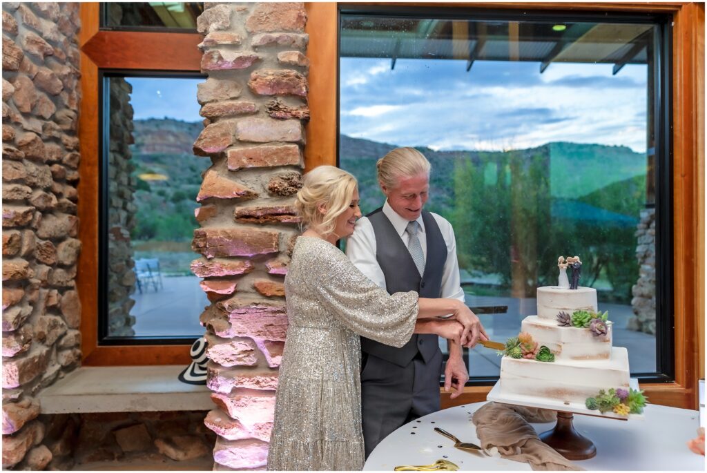 Newlyweds cutting cake at wedding reception