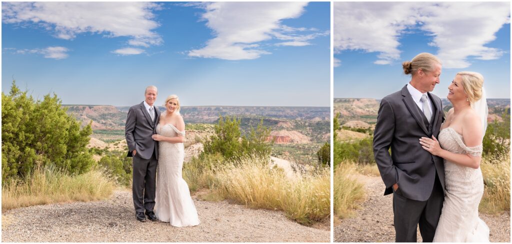bride and groom in wedding attire with palo duro canyon backdrop